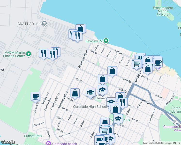 map of restaurants, bars, coffee shops, grocery stores, and more near 411 I Avenue in Coronado