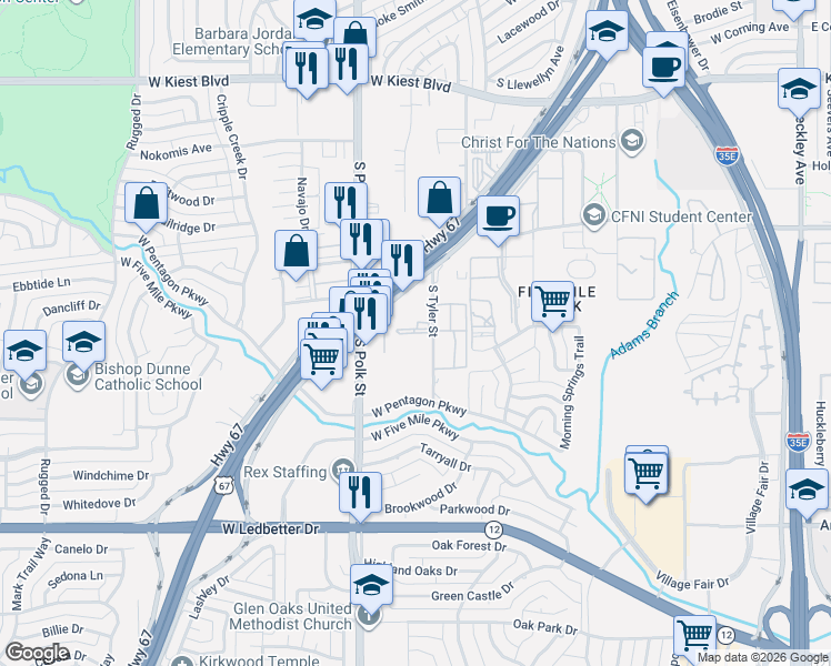 map of restaurants, bars, coffee shops, grocery stores, and more near 3803 South Tyler Street in Dallas