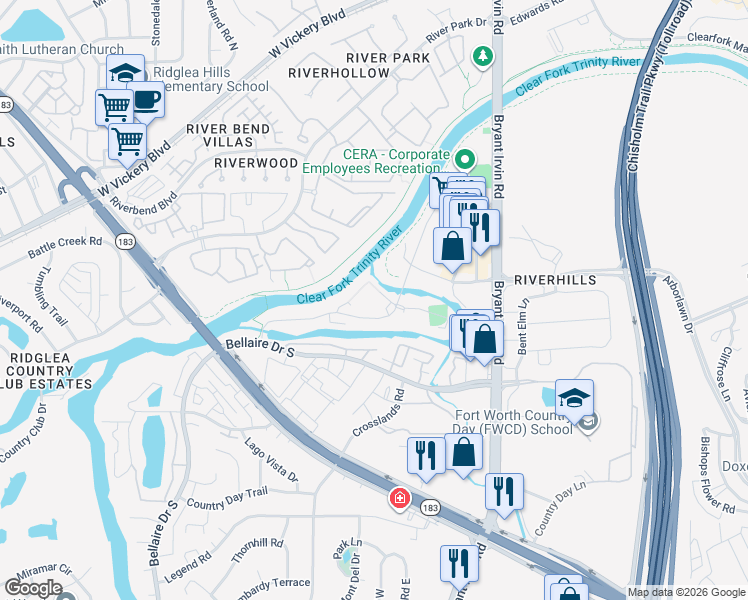 map of restaurants, bars, coffee shops, grocery stores, and more near 4021 Watercourse Drive in Fort Worth