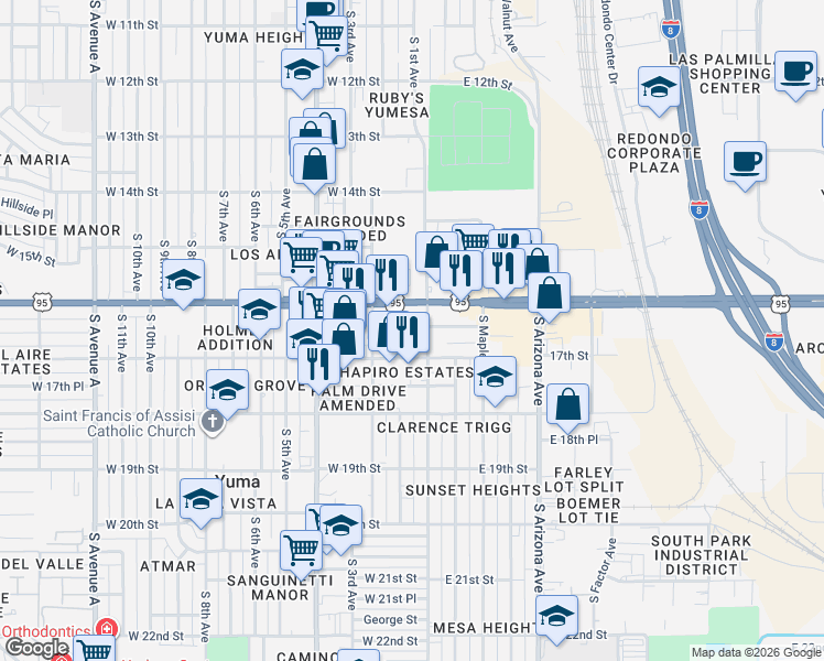 map of restaurants, bars, coffee shops, grocery stores, and more near 101 West 16th Street in Yuma