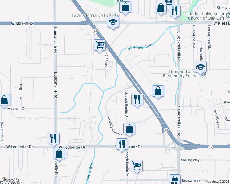 map of restaurants, bars, coffee shops, grocery stores, and more near 4634 Country Creek Drive in Dallas
