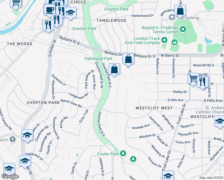 map of restaurants, bars, coffee shops, grocery stores, and more near 3513 Overton Park Drive East in Fort Worth