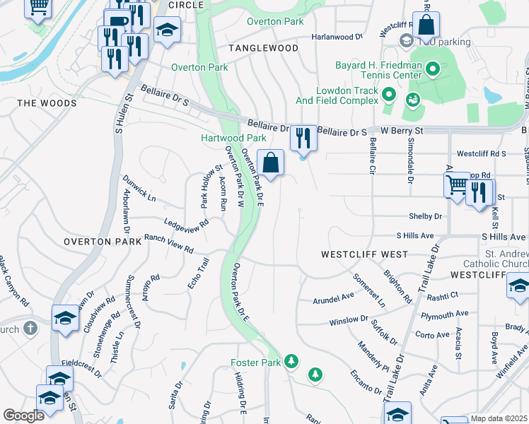map of restaurants, bars, coffee shops, grocery stores, and more near 3513 Overton Park Drive East in Fort Worth
