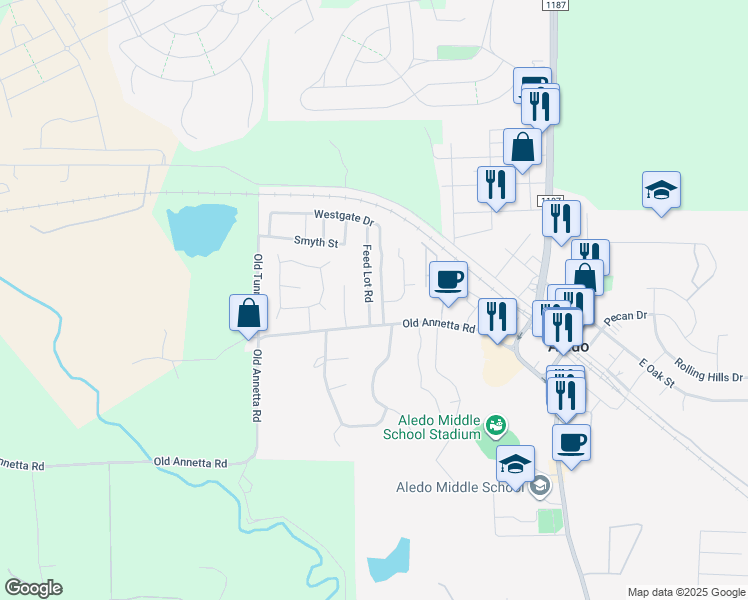 map of restaurants, bars, coffee shops, grocery stores, and more near 103 Feed Lot Road in Aledo