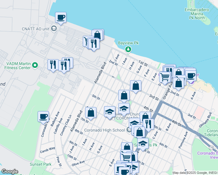 map of restaurants, bars, coffee shops, grocery stores, and more near 372 I Avenue in Coronado