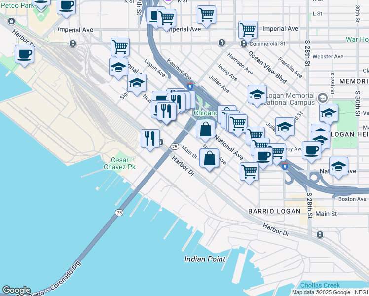 map of restaurants, bars, coffee shops, grocery stores, and more near 2024 Main St in San Diego