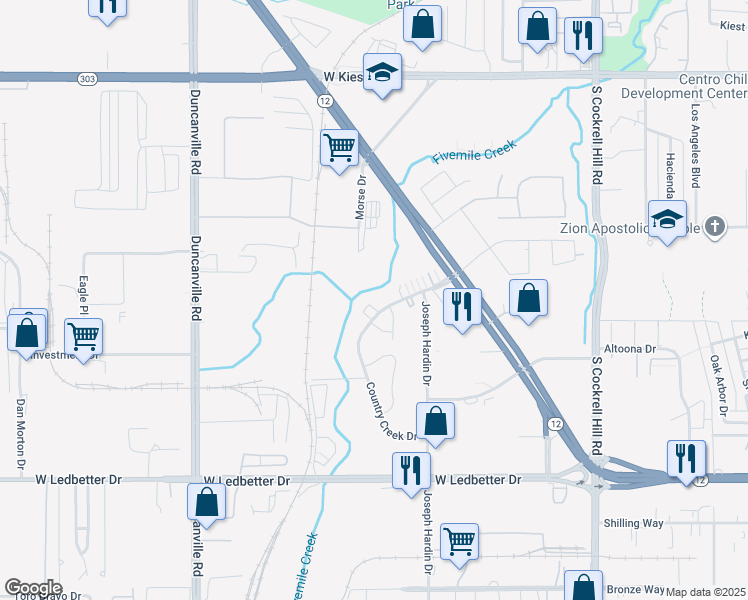 map of restaurants, bars, coffee shops, grocery stores, and more near 4655 Country Creek Drive in Dallas