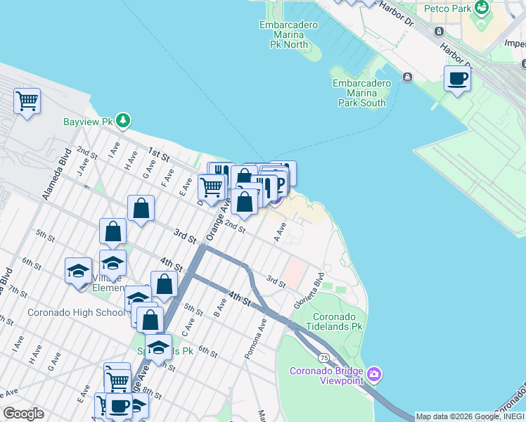 map of restaurants, bars, coffee shops, grocery stores, and more near in Coronado