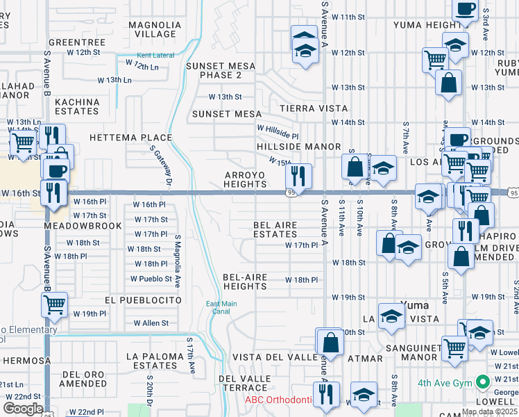 map of restaurants, bars, coffee shops, grocery stores, and more near 1627 South 14th Avenue in Yuma