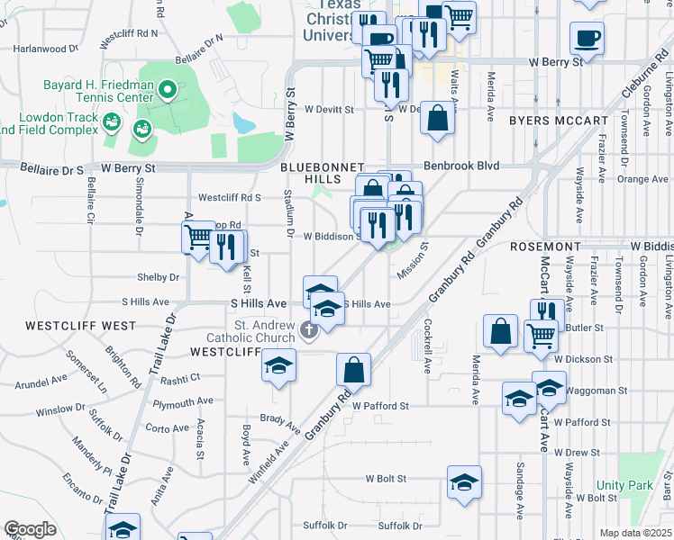 map of restaurants, bars, coffee shops, grocery stores, and more near 3601 Rogers Avenue in Fort Worth
