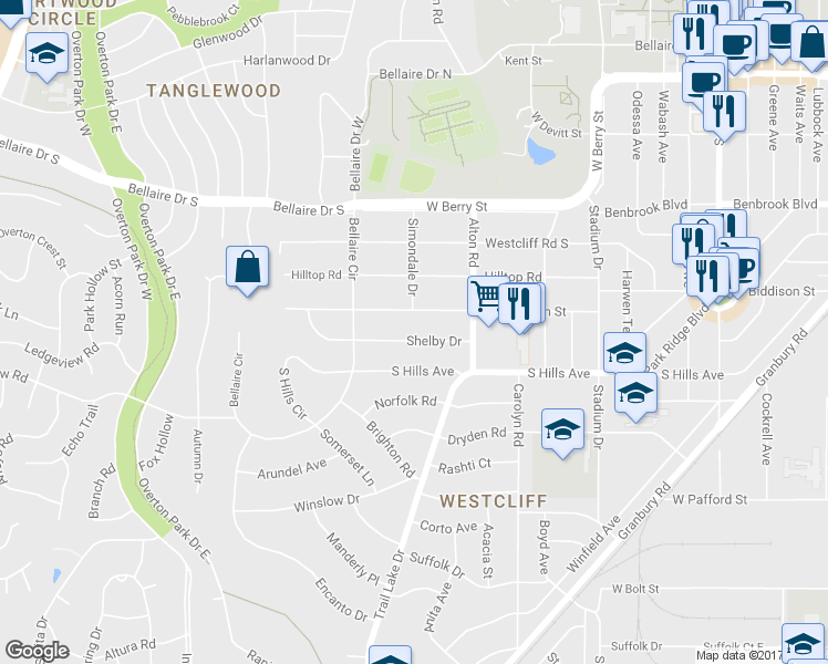map of restaurants, bars, coffee shops, grocery stores, and more near 3655 Shelby Drive in Fort Worth