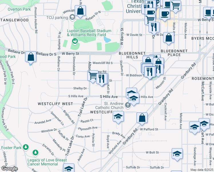 map of restaurants, bars, coffee shops, grocery stores, and more near 3562 Kell Street in Fort Worth