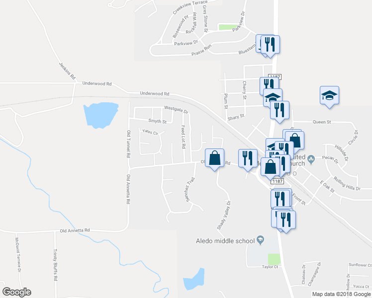 map of restaurants, bars, coffee shops, grocery stores, and more near 129 Feed Lot Road in Aledo