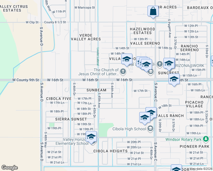 map of restaurants, bars, coffee shops, grocery stores, and more near 4453 West 16th Lane in Yuma