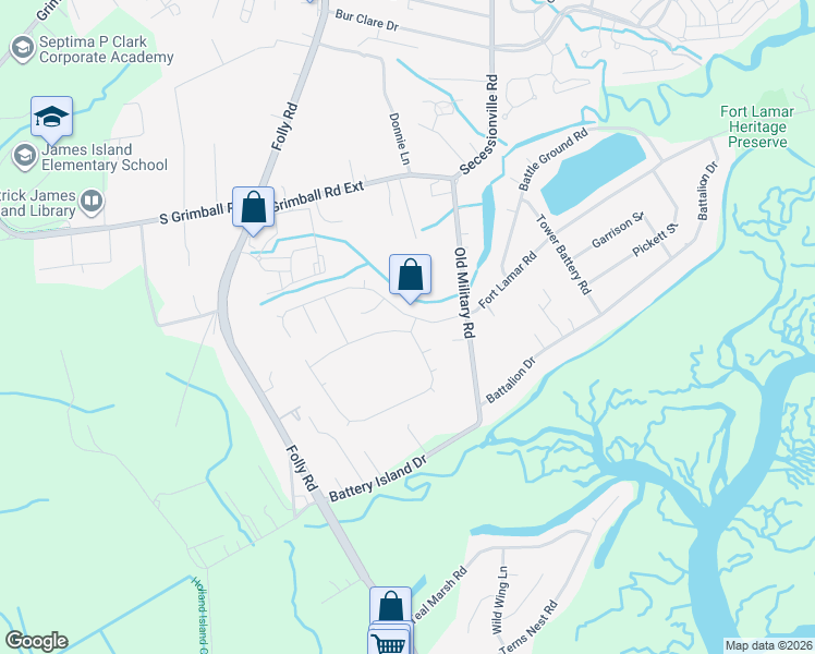 map of restaurants, bars, coffee shops, grocery stores, and more near 1102 Clearspring Drive in Charleston