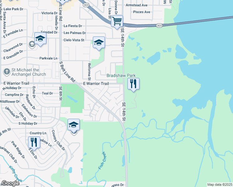 map of restaurants, bars, coffee shops, grocery stores, and more near 76 East Mountain Creek Drive in Grand Prairie