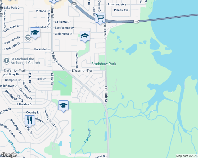 map of restaurants, bars, coffee shops, grocery stores, and more near 76 East Mountain Creek Drive in Grand Prairie