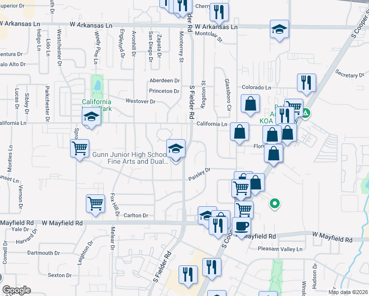 map of restaurants, bars, coffee shops, grocery stores, and more near 2909 South Fielder Road in Arlington