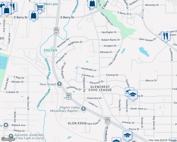 map of restaurants, bars, coffee shops, grocery stores, and more near 2304 Fairway Drive in Fort Worth