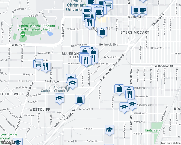 map of restaurants, bars, coffee shops, grocery stores, and more near 3620 South University Drive in Fort Worth