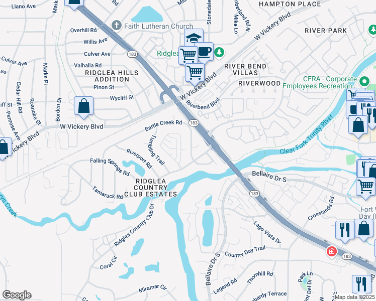 map of restaurants, bars, coffee shops, grocery stores, and more near 3600 Ridglea Country Club Drive in Fort Worth