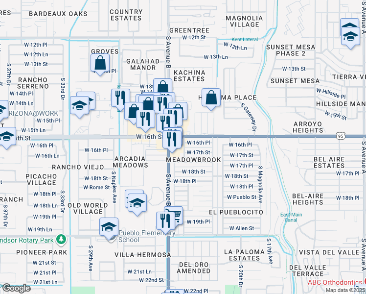 map of restaurants, bars, coffee shops, grocery stores, and more near 1658 South Crowder Avenue in Yuma