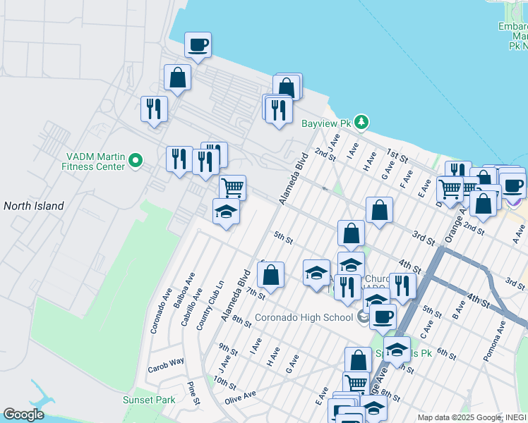 map of restaurants, bars, coffee shops, grocery stores, and more near 441 Country Club Lane in Coronado