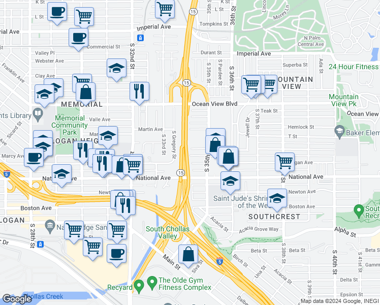 map of restaurants, bars, coffee shops, grocery stores, and more near 3417 Florence Street in San Diego