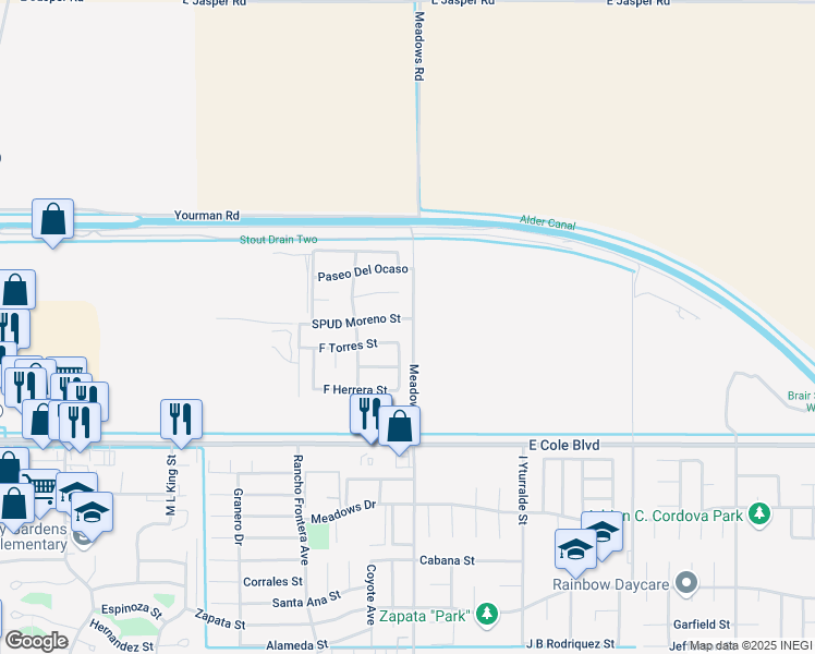 map of restaurants, bars, coffee shops, grocery stores, and more near 1084 SPUD Moreno Street in Calexico