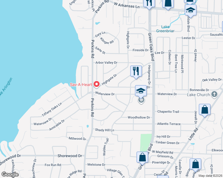 map of restaurants, bars, coffee shops, grocery stores, and more near 5816 Highgate Drive in Arlington
