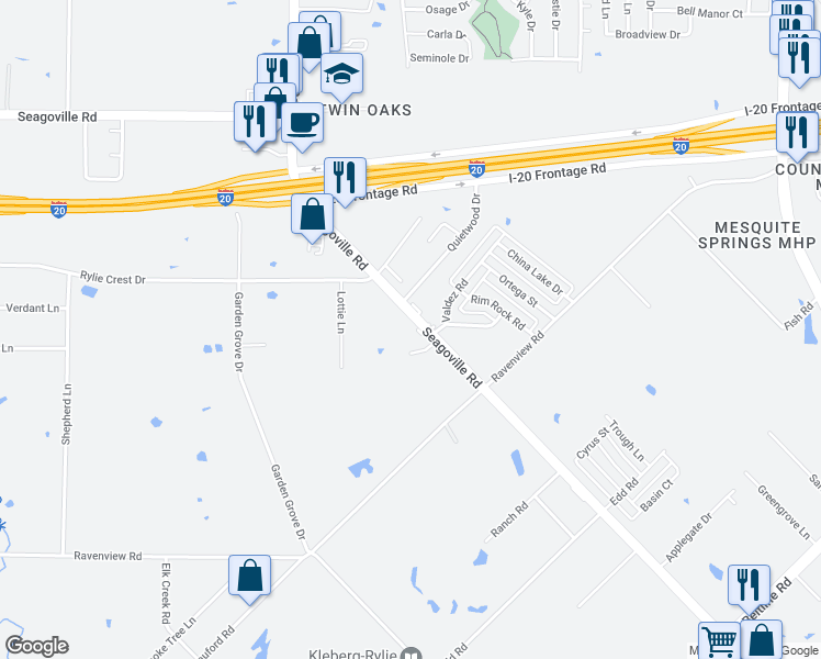 map of restaurants, bars, coffee shops, grocery stores, and more near 13734 Seagoville Road in Dallas