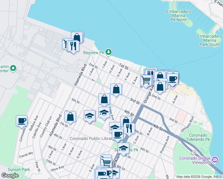 map of restaurants, bars, coffee shops, grocery stores, and more near 301 G Avenue in Coronado