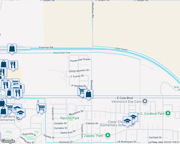map of restaurants, bars, coffee shops, grocery stores, and more near 1084 SPUD Moreno Street in Calexico