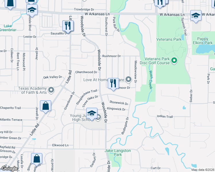 map of restaurants, bars, coffee shops, grocery stores, and more near 2711 Creekview Drive in Arlington