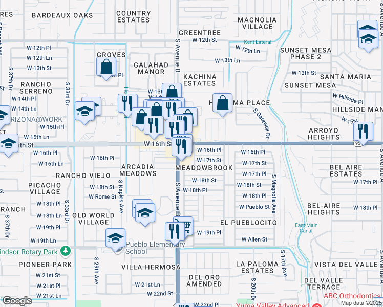 map of restaurants, bars, coffee shops, grocery stores, and more near 2451 West 16th Street in Yuma