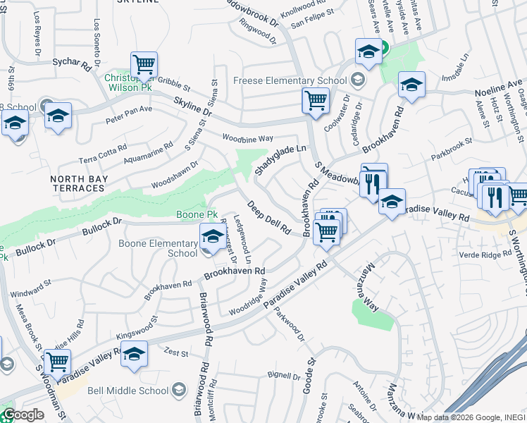 map of restaurants, bars, coffee shops, grocery stores, and more near 227 Coralwood Drive in San Diego
