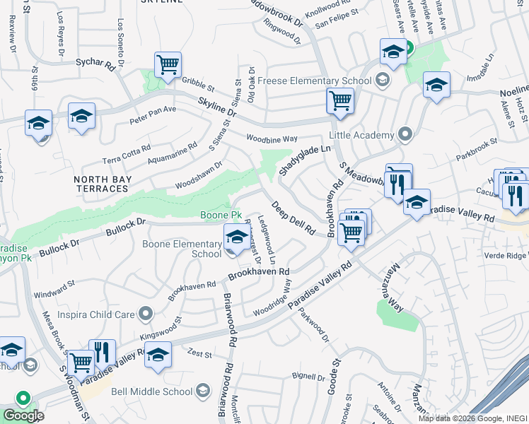 map of restaurants, bars, coffee shops, grocery stores, and more near 183 Deep Dell Road in San Diego