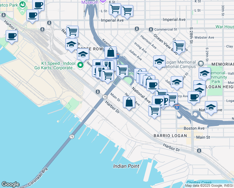 map of restaurants, bars, coffee shops, grocery stores, and more near 2021 Newton Avenue in San Diego