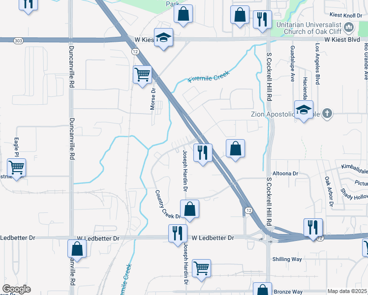 map of restaurants, bars, coffee shops, grocery stores, and more near 4603 Country Creek Drive in Dallas