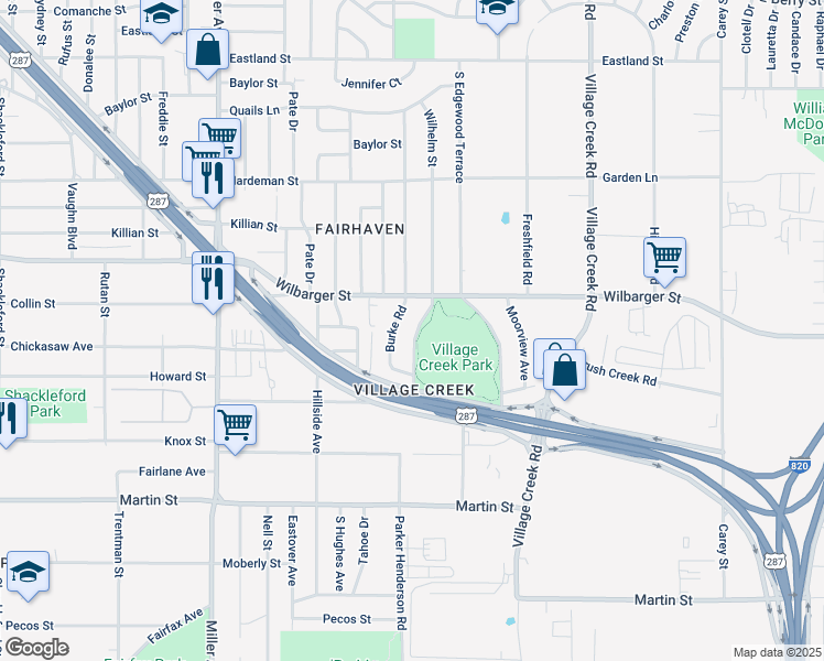 map of restaurants, bars, coffee shops, grocery stores, and more near 4455 Burke Road in Fort Worth