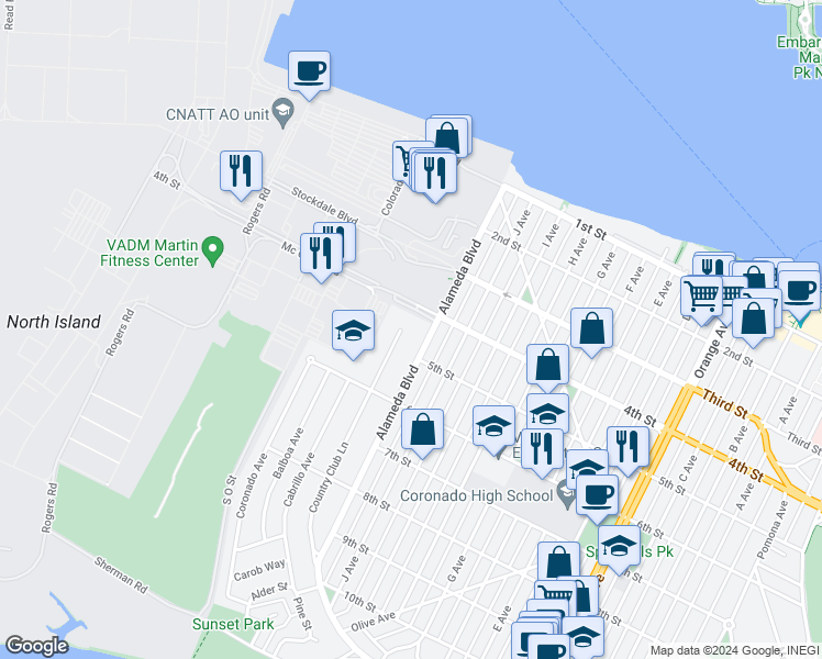 map of restaurants, bars, coffee shops, grocery stores, and more near 441 Country Club Lane in Coronado