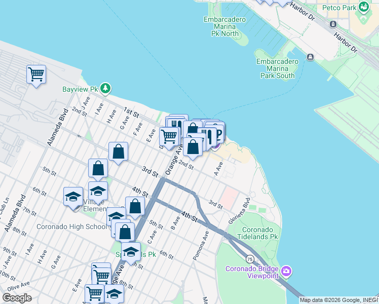 map of restaurants, bars, coffee shops, grocery stores, and more near 112 State Highway 75 in Coronado