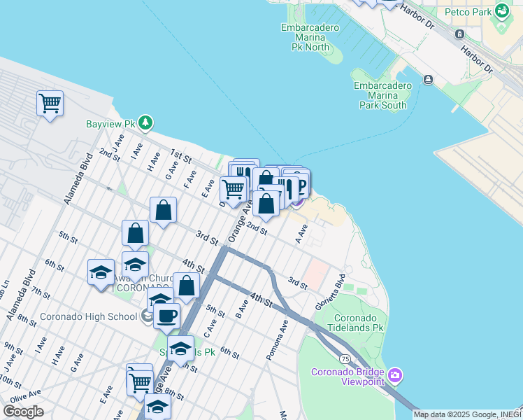 map of restaurants, bars, coffee shops, grocery stores, and more near in Coronado