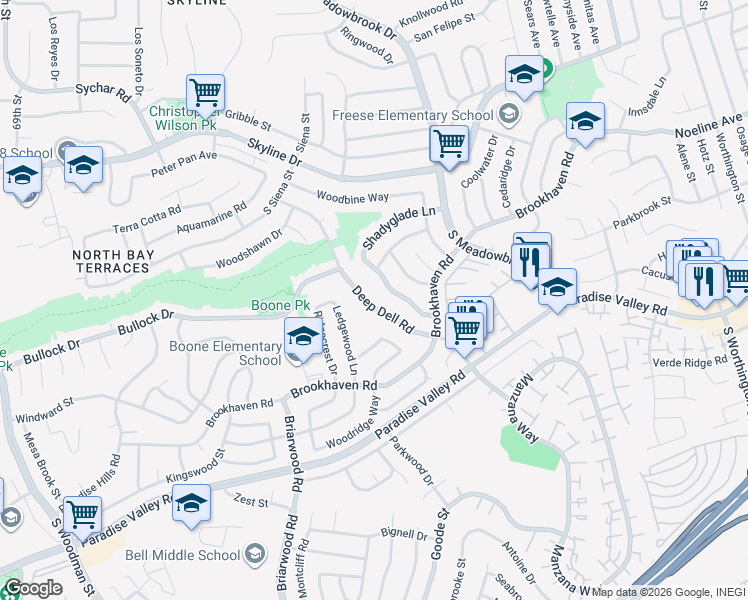 map of restaurants, bars, coffee shops, grocery stores, and more near 227 Coralwood Drive in San Diego