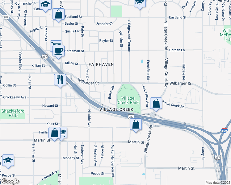 map of restaurants, bars, coffee shops, grocery stores, and more near 4455 Burke Road in Fort Worth