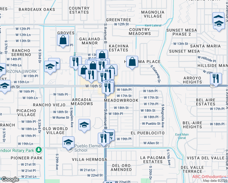 map of restaurants, bars, coffee shops, grocery stores, and more near 1700 South Crowder Avenue in Yuma