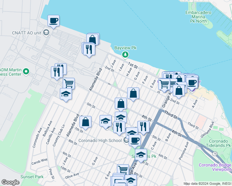 map of restaurants, bars, coffee shops, grocery stores, and more near 326 H Avenue in Coronado