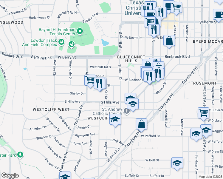 map of restaurants, bars, coffee shops, grocery stores, and more near 3424 West Biddison Street in Fort Worth