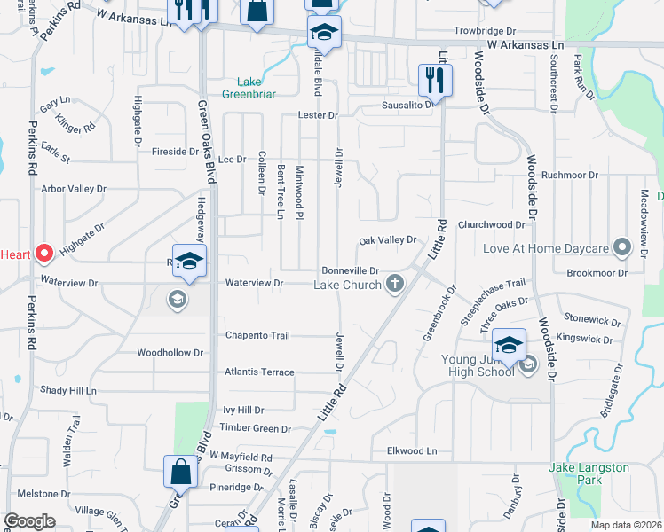 map of restaurants, bars, coffee shops, grocery stores, and more near 2721 Hilldale Boulevard in Arlington
