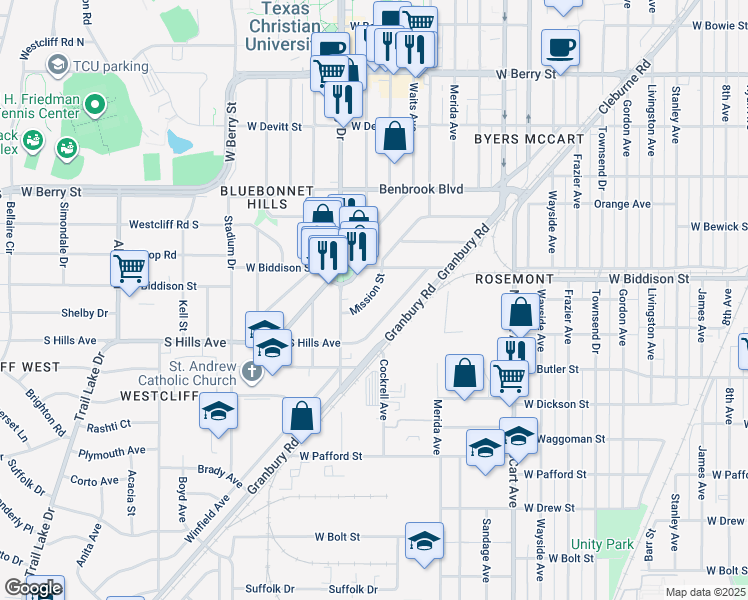 map of restaurants, bars, coffee shops, grocery stores, and more near 3529 Mission Street in Fort Worth